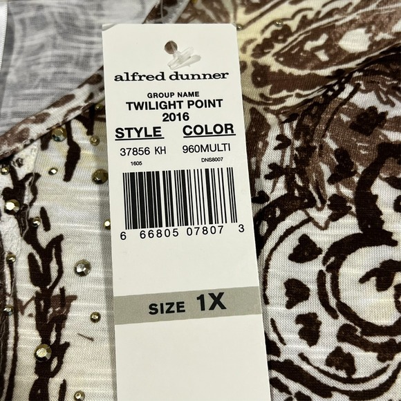Alfred Dunner Paisley Floral Blouse Womens 1X White Brown 3/4 Sleeve Stretch NWT - Picture 7 of 16